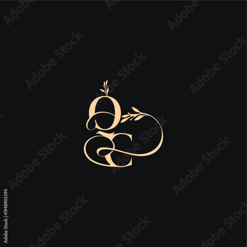 monogram elegant concept luxury feel with wavy line QC organic leaves wedding logo letter