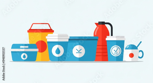Illustrated Picnic Set with Cooler, Food Containers, and Thermos.