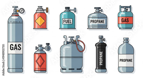 Collection of Gas Cylinders - Propane, Fuel, and Industrial Gas Storage.