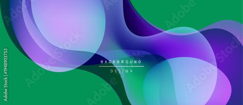 Abstract fluid shapes overlap, creating vibrant color gradients. Green dominates background, purple and blue accents present. Modern design element.