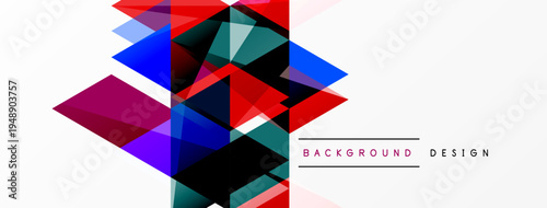 Abstract geometric shapes overlap, creating vibrant color contrasts. Modern design elements suggest dynamic composition. White space balances visual complexity.