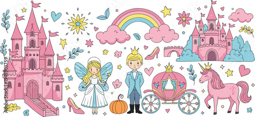 Fairytale princess and prince fantasy elements collection with castle, unicorn, carriage, rainbow, fairy, and magical storybook characters vector illustration set