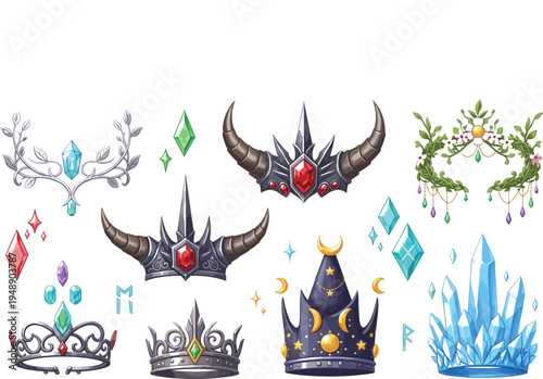 Fantasy Magic Crowns, Crystal Gems and Horned Diadems Collection, Enchanted Royal Accessories, Mystic Jewelry and Magical Elements for Game and Fairytale Design