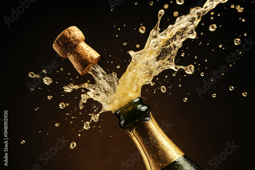 Festive champagne bottle popping with cork flying and sparkling liquid splashing strongly against dark celebration background