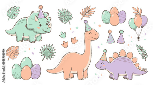 Cute dinosaur baby shower vector set with smiling triceratops brachiosaurus stegosaurus wearing party hats balloons eggs and tropical