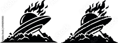 A stylized black ufo crash landing into rocky terrain on transparent background