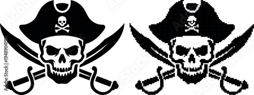 Black silhouette of a pirate skull with crossed swords on transparent background