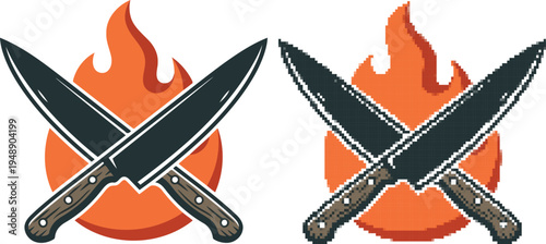 Two crossed chef knives with a flame emblem on transparent background