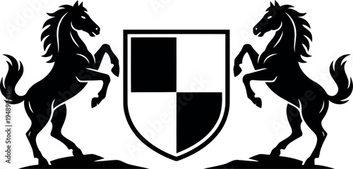Heraldic design featuring two rearing horses flanking a shield on transparent background