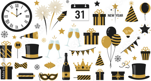 New Year celebration elements collection with fireworks, champagne, gifts, party hats, balloons, clock countdown, and festive decorations vector illustration set