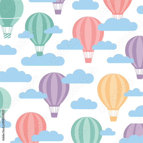 Whimsical Air Balloon Background with Clouds and Stars. Pastel Hot Air Balloon Pattern for Nursery Wall Art. 