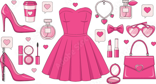 Pink fashion accessories collection with dress, high heels, handbag, perfume, lipstick, sunglasses, and stylish feminine beauty items vector illustration set