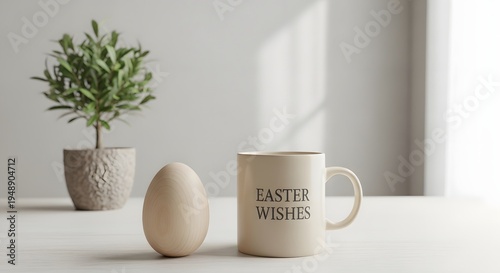 Wallpaper Mural Easter egg and a mug with easter wishes on a white table with a plant in the background isolated on white background Torontodigital.ca
