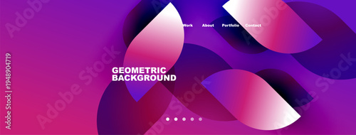 Abstract geometric background. Vibrant pinks, purples create fluid shapes. Minimalist design includes navigation options, dots. Modern aesthetic.