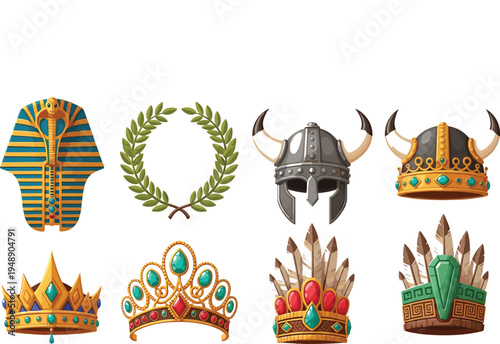 Royal Crowns, Viking Helmet, Egyptian Pharaoh Mask and Laurel Wreath Collection, Historical King Accessories and Ancient Civilization Symbols Illustration Set