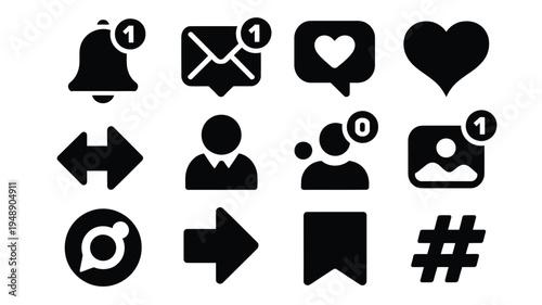 Collection of social media notification icons and symbols for online communication and engagement