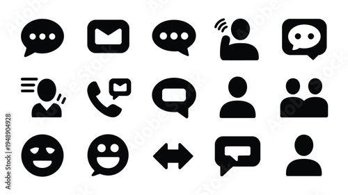 Social media messaging icons with silhouette logo and emoticons on white background for digital communication