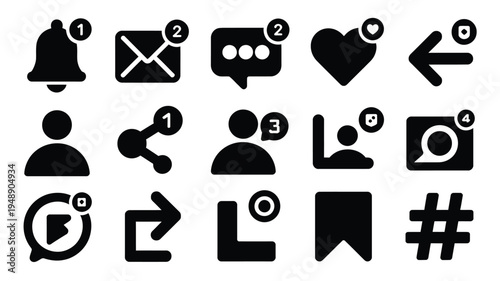 Social media notification icons with numbers silhouette style on white background