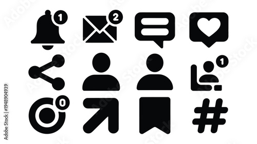 Social media notification icons set with silhouette log symbolizing online communication and digital alerts on a white background