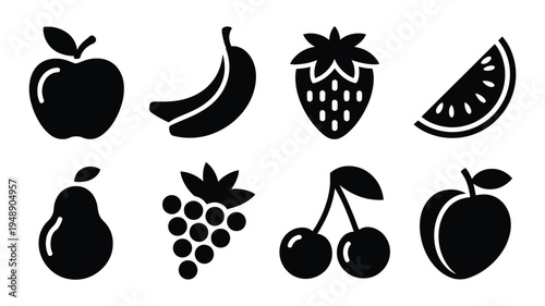 Collection of fruit silhouettes including apples banana strawberry citrus pear grapes and cherries on white background