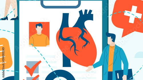 Doctor and patient discussing heart health with medical records and human heart illustration