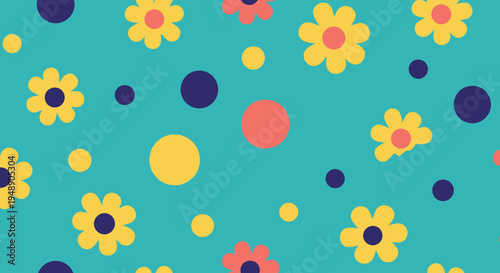 Retro Floral Pattern: Yellow Flowers, Dots, Teal Background, Flat Style