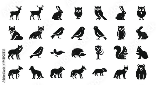 Black  White Forest Animal Icons - Wildlife Glyph Set