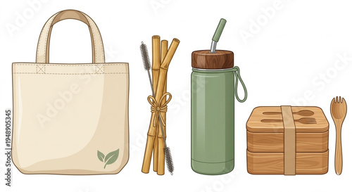 Vector illustration of eco friendly lifestyle products with tote bag and bamboo straw