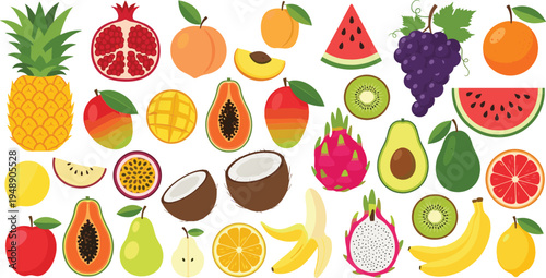 Tropical and fresh fruit collection with pineapple, mango, watermelon, kiwi, banana, coconut, papaya, grapes, and citrus colorful vector illustration set