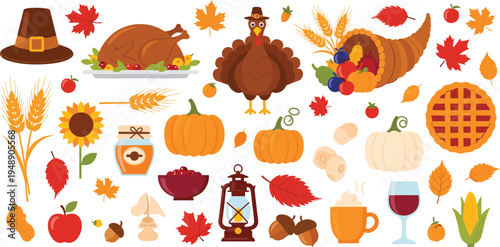 Thanksgiving autumn elements collection with turkey, pumpkin, cornucopia, pie, wheat, maple leaves, harvest food and festive fall vector illustration set