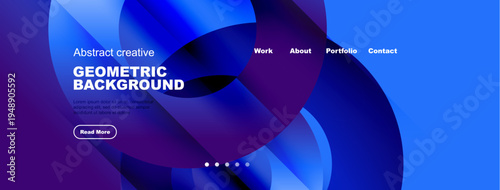 Website mockup displays abstract geometric background. Navigation includes work, about, portfolio, contact options. Button invites further exploration.
