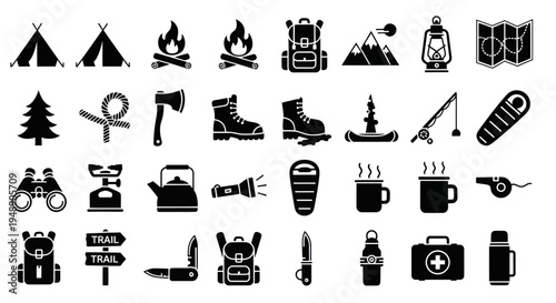 Camping and Hiking Icons: Black  White Glyph Style Vector Art