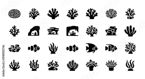 Black  White Glyph Icons of Coral Reef and Fish, Underwater Life Symbols