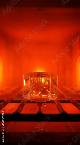 Clear Ice Cube Resting on Rack Inside Glowing Red Hot Industrial Oven