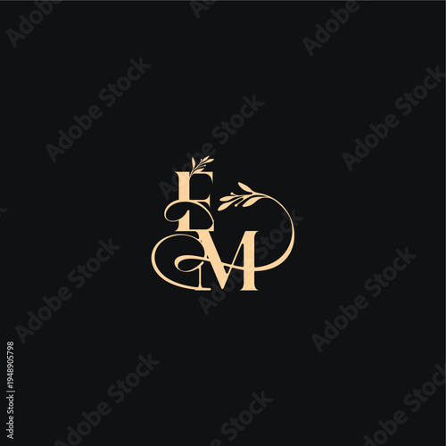organic leaves wedding logo EM luxury feel with wavy line monogram elegant concept letter