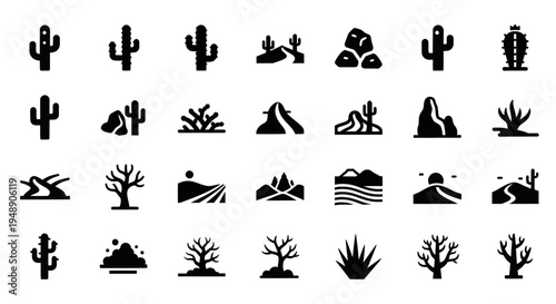 Desert Icons Set: Cacti, Plants, Landscapes, Dry Trees, Rocks, Glyph