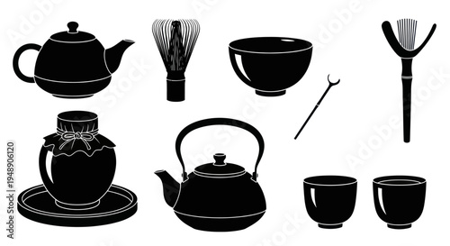 Black  White Japanese Tea Ceremony Set Icons - Matcha, Teapot, Bowls, Whisk