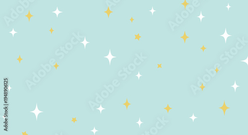 Seamless Pattern of White, Yellow, and Teal Sparkle Stars on Light Blue