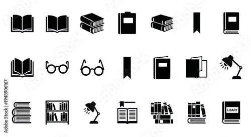 Black  White Icons: Books, Glasses, Lamp, Library - Education  Learning Symbols