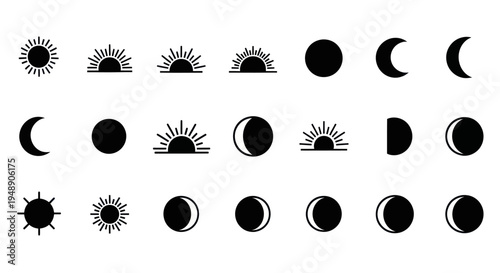 Nature  Astrology Black  White Glyph Set: Sun, Moon Phases, Sunrise  Sunset Celestial Icons