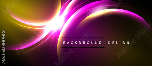 Bright abstract design features flowing curves, vibrant colors. Gold, magenta hues create dynamic visual effect. Background text present.