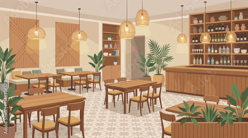 Cozy Modern Restaurant Interior with Wooden Furniture and Potted Plants