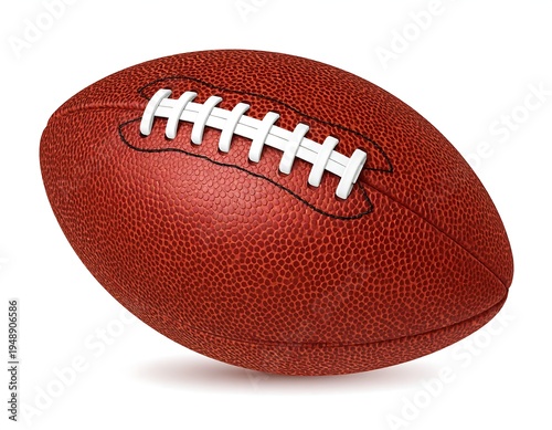 A close-up studio shot of a brown textured oval-shaped ball with white laces. It is angled with a soft shadow