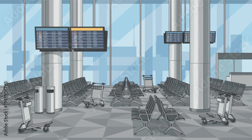 Empty Modern Airport Terminal Waiting Area with Flight Information Displays and Seating