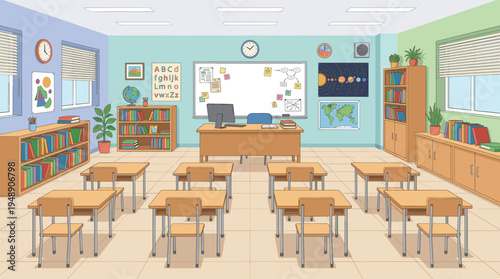Bright and colorful elementary school classroom interior with desks chairs whiteboard and educational posters