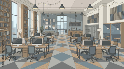 Modern Open Plan Office Interior Illustration with Coworking Space Coffee Bar and Library