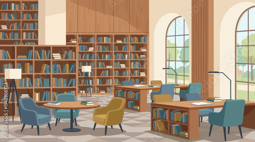 Modern Library Interior with Bookshelves and Comfortable Study Areas