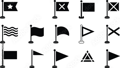 Collection of Black and White Flag Icons and Symbols on White Background Keywords: flag, icon, symbol, banner, pennant, signal