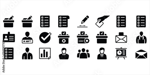 Collection of black icons related to voting and business on a white background election