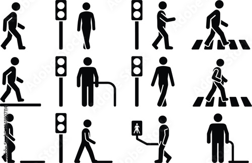 Collection of Black and White Pedestrian and Traffic Signal Icons Keywords: pedestrian, walking, person, traffic light, signal